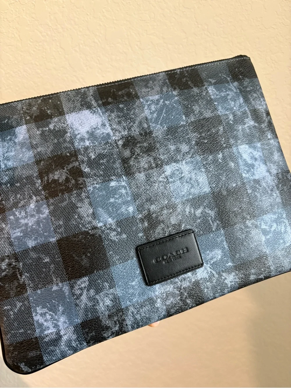COACH Black and Gray Check Tablet Travel Pouch
